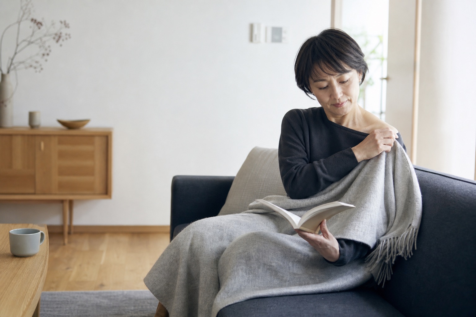大判のブランケットを肩から足元まで広く掛けて読書をする女性