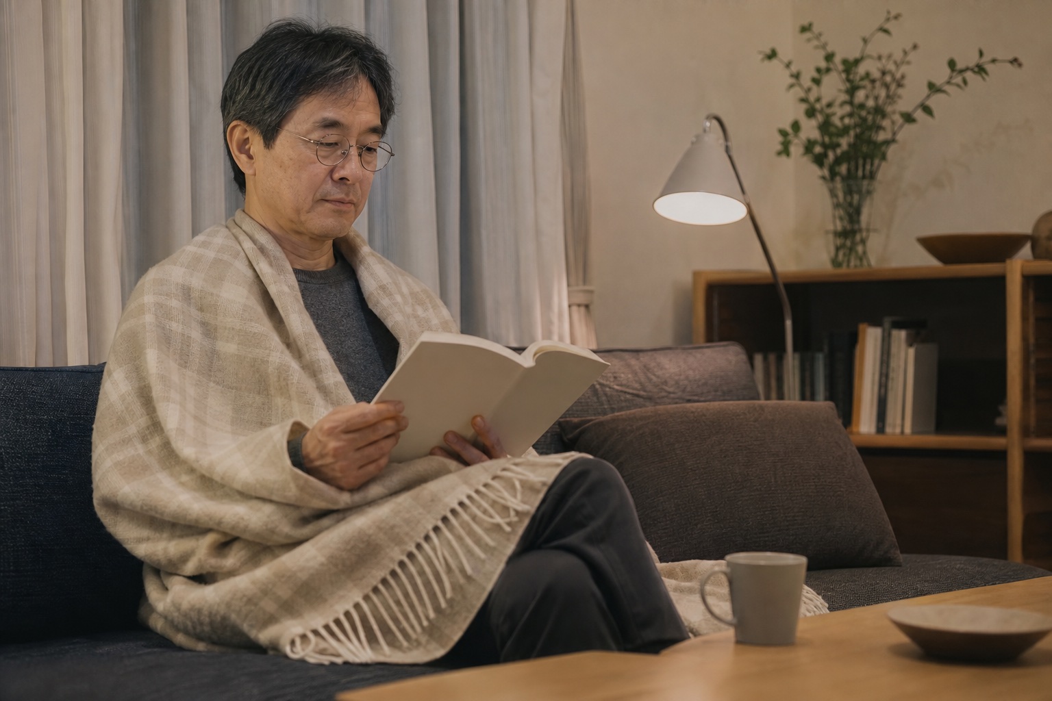 冬の夜、ブランケットに包まれて両手で本を読む男性