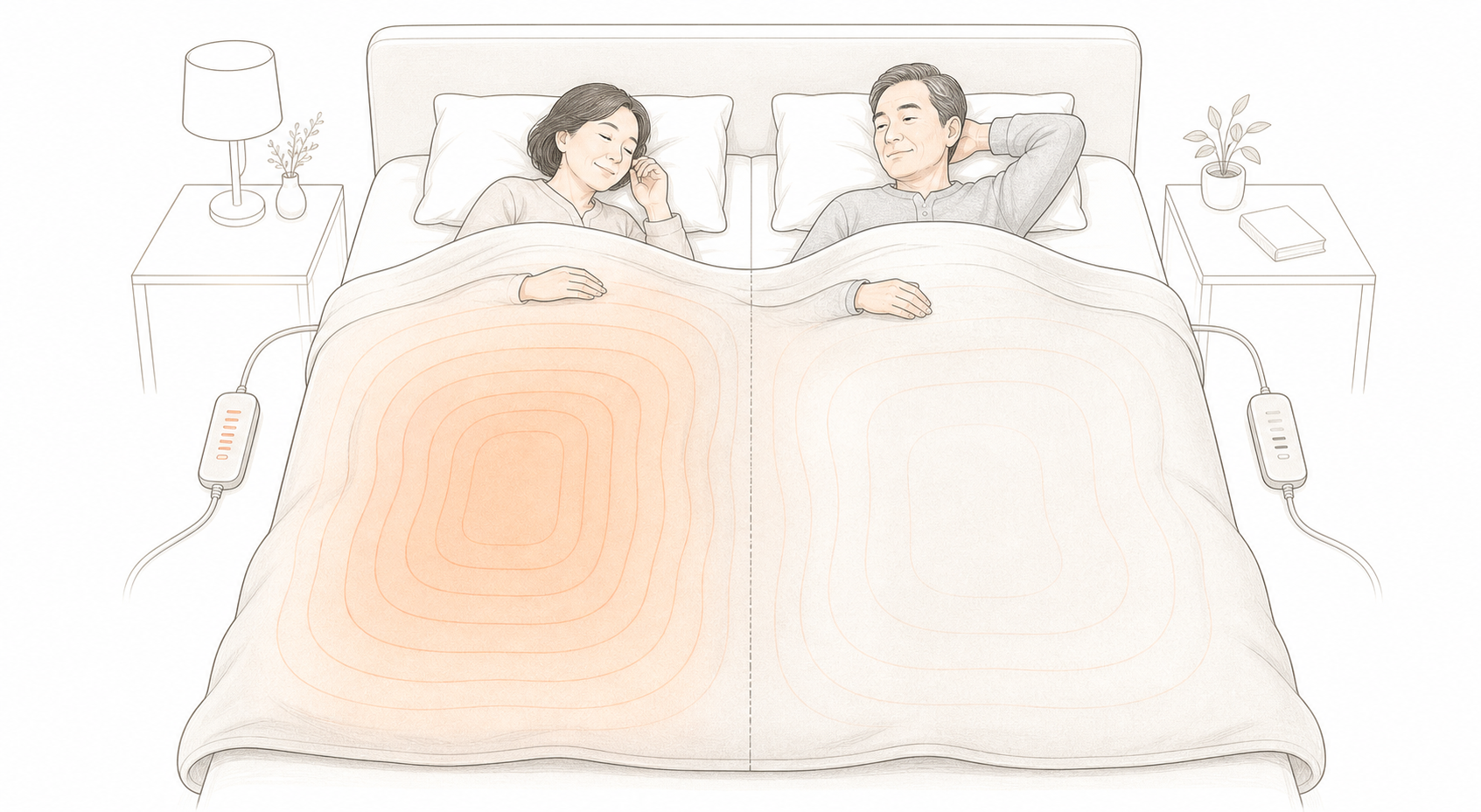 140×160cmの敷き毛布を二人で使い、左右を別々の温度に調整する説明